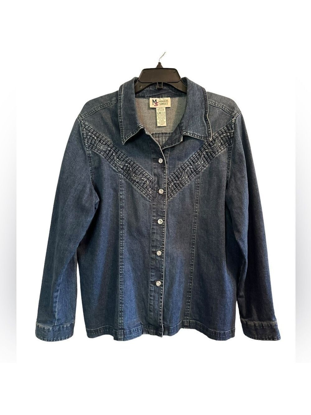Maggie Sweet Stretch Blue Denim Sparkle Shirt Jacket Bling Buttons Womens Large